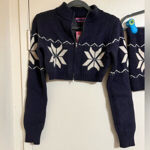 Edikted Snowflake Knit Cropped Sweater + Matching Mini Skirt Set- Navy Blue